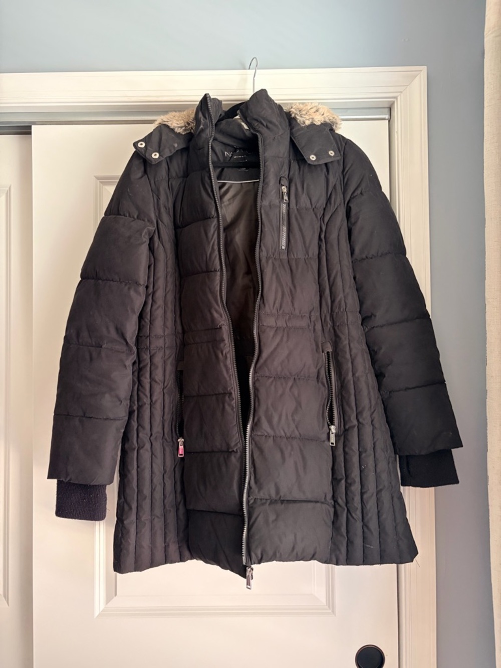 Nautica - Women's Black Quilted Puffer Coat with Faux Fur Trim